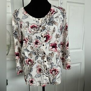 White House Black Market Floral Button Down Shirt - Cream and Pink